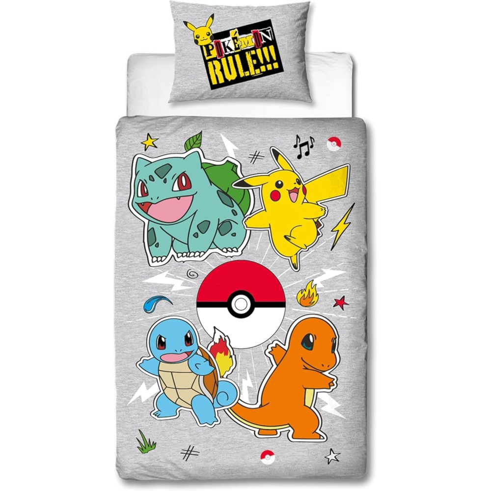 Parure de Lit Pokémon Réversible – Housse de Couette et Taie d’Oreiller Collection Pokémon Officielle – Microfibre