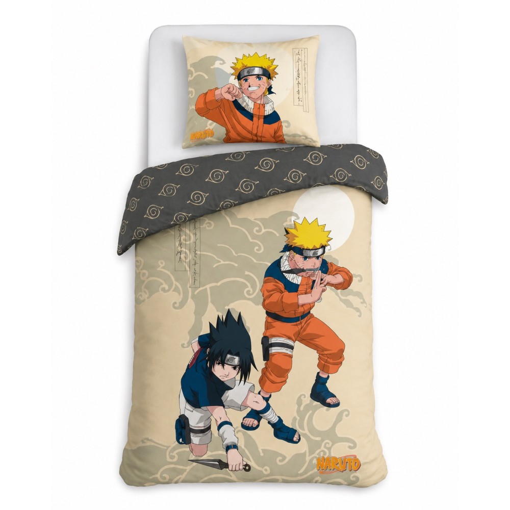 Parure de Lit Naruto - Coton - Housse de Couette et Taie d’Oreiller - Naruto Uzumaki & Sasuke Uchiha – Certifiée Oeko-TEX -