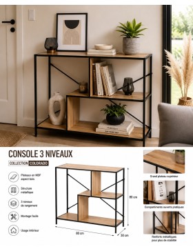 Consoletafel met 3 niveaus in hout en metaal – opbergplank in industriële stijl