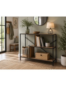 Consoletafel met 3 niveaus in hout en metaal – opbergplank in industriële stijl