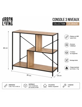 Consoletafel met 3 niveaus in hout en metaal – opbergplank in industriële stijl