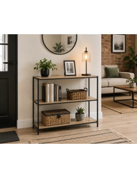 Consoletafel met 3 niveaus in hout en metaal – Consoletafel met opbergplanken