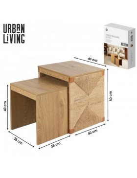 Set van 2 in elkaar passende houten tafels met decoratie van gevlochten touw – Stapelbare bijzettafels