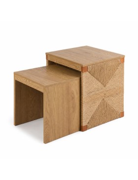 Set van 2 in elkaar passende houten tafels met decoratie van gevlochten touw – Stapelbare bijzettafels