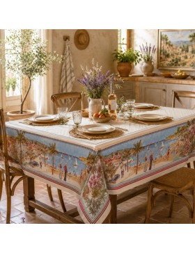 Nappe Jacquard Motif Littoral Méditerranéen – 60% Coton 40% Polyester – Motif Tissé