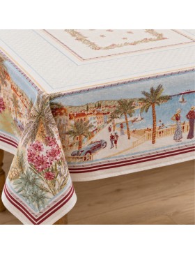 Nappe Jacquard Motif Littoral Méditerranéen – 60% Coton 40% Polyester – Motif Tissé