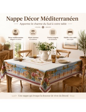 Nappe Jacquard Motif Littoral Méditerranéen – 60% Coton 40% Polyester – Motif Tissé