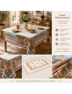Nappe Jacquard Motif Littoral Méditerranéen – 60% Coton 40% Polyester – Motif Tissé