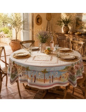 Nappe Jacquard Motif Littoral Méditerranéen – 60% Coton 40% Polyester – Motif Tissé