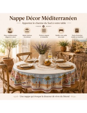 Nappe Jacquard Motif Littoral Méditerranéen – 60% Coton 40% Polyester – Motif Tissé