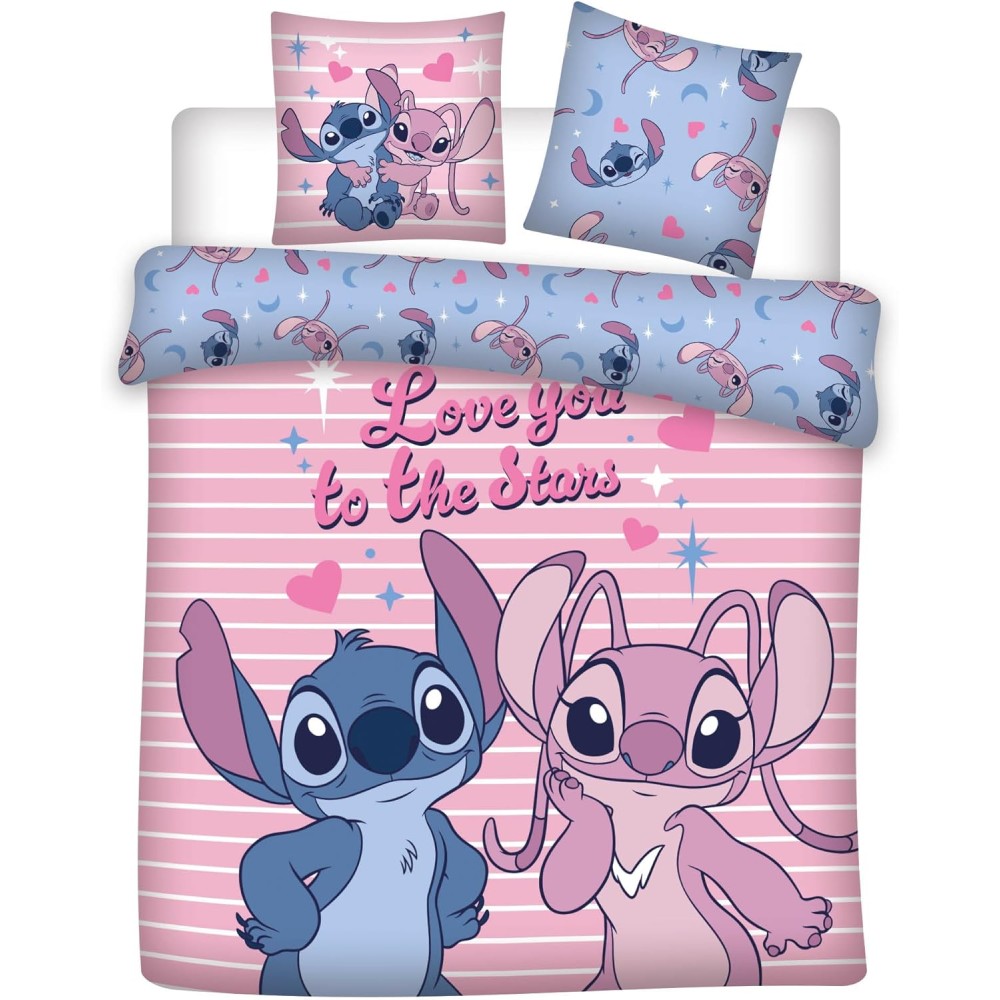 Parure de Lit Stitch & Angel Disney 240x220 cm avec 2 Taies 65x65 –  Certifiée Oeko-Tex Standard