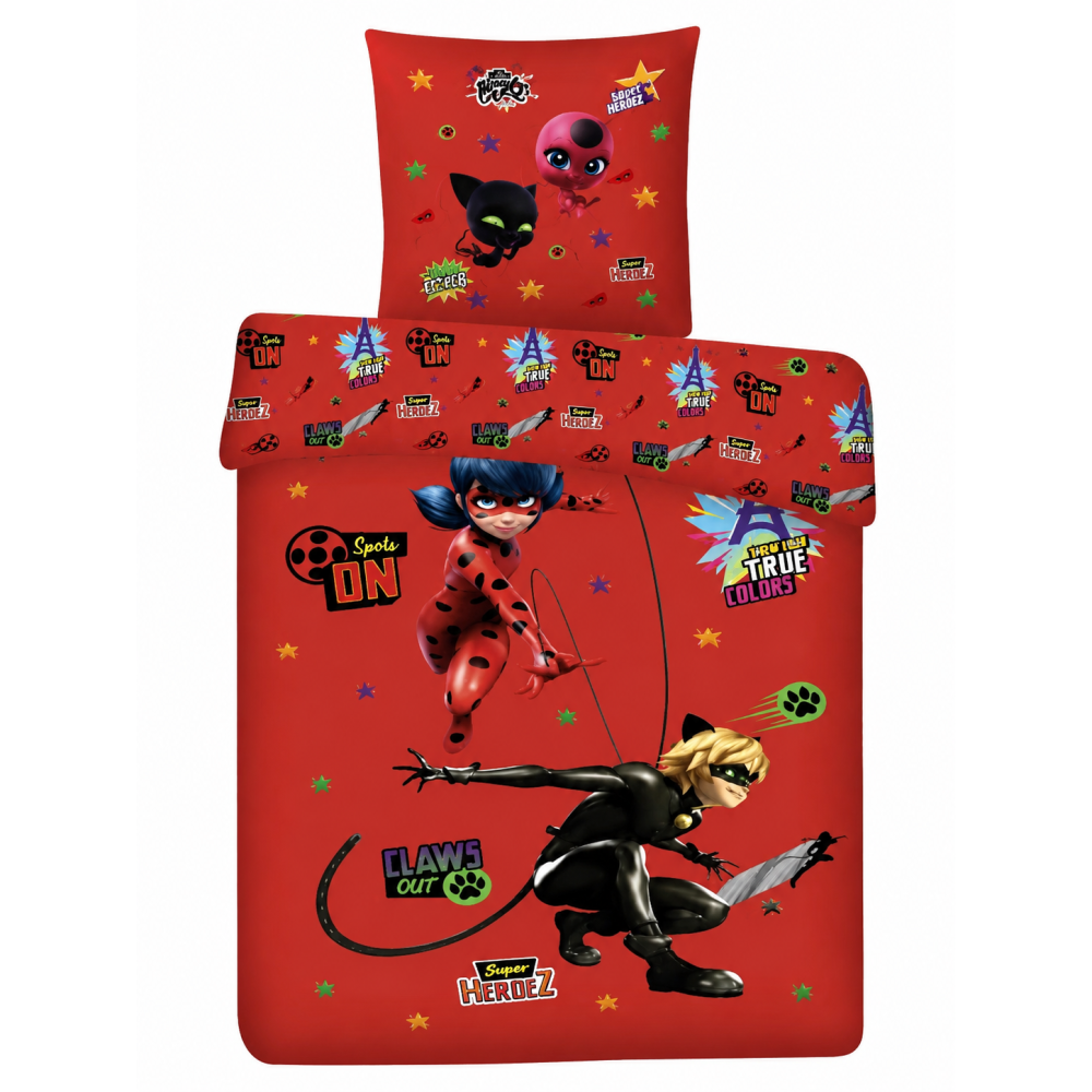 Miraculous Ladybug & Cat Noir Beddengoedset 140x200 cm met kussensloop 63x63 cm - Officieel dekbedovertrek 100% polyester