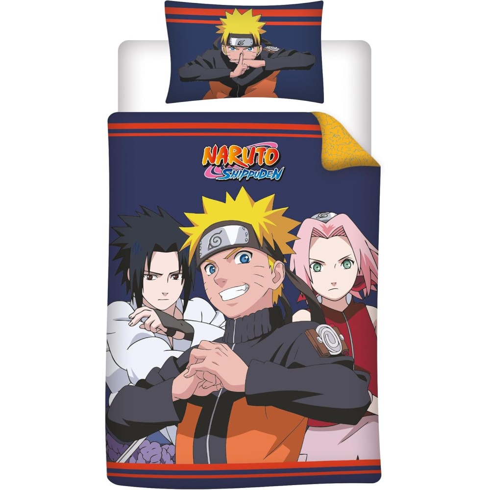 Naruto Shippuden beddengoedset 140x200 cm + kussensloop 60x70 cm, 100% katoen, omkeerbaar, officiële Aymax-licentie.