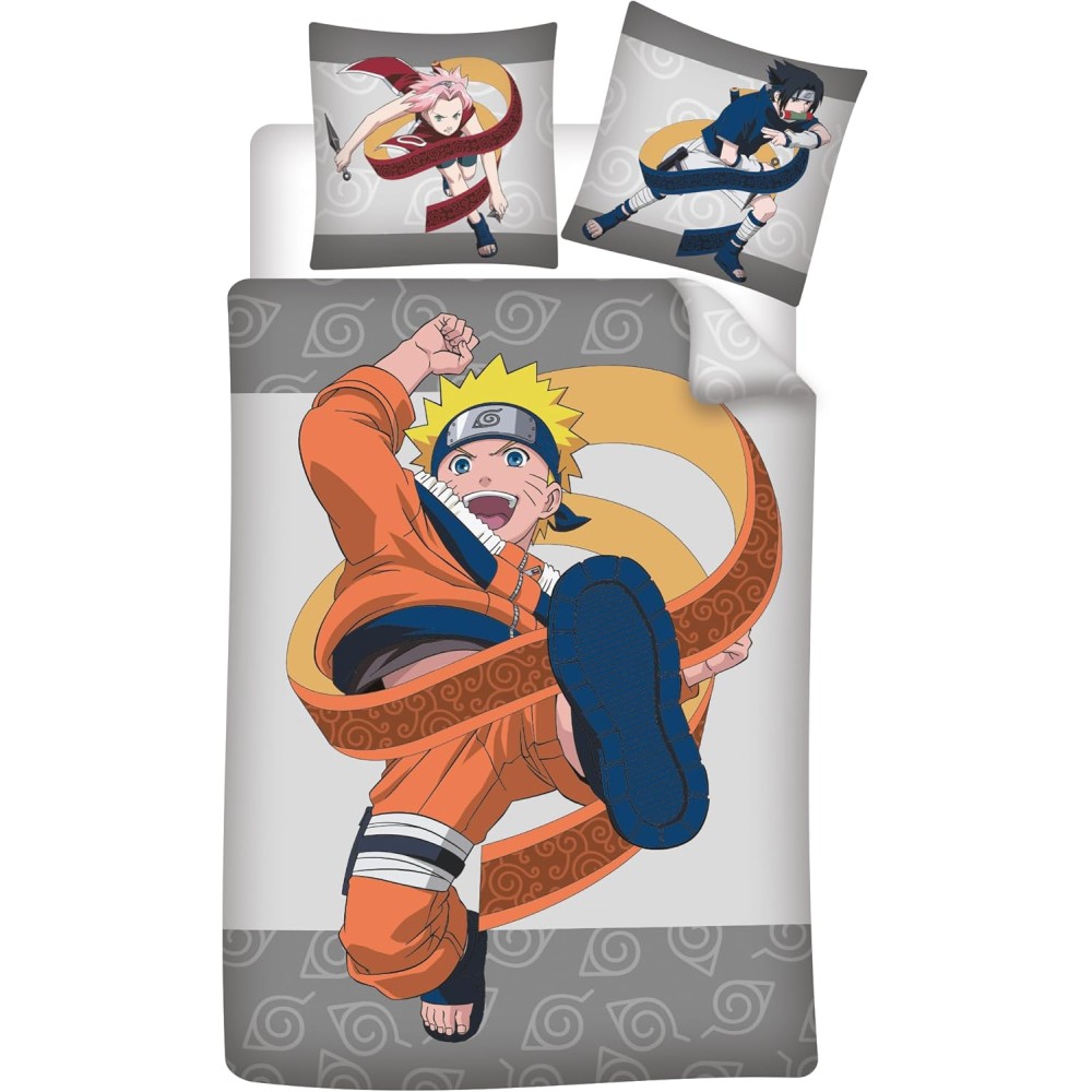 Parure de Lit Naruto Shippuden 140x200 + Taie 65x65 100% Coton Réversible Licence Officielle Aymax