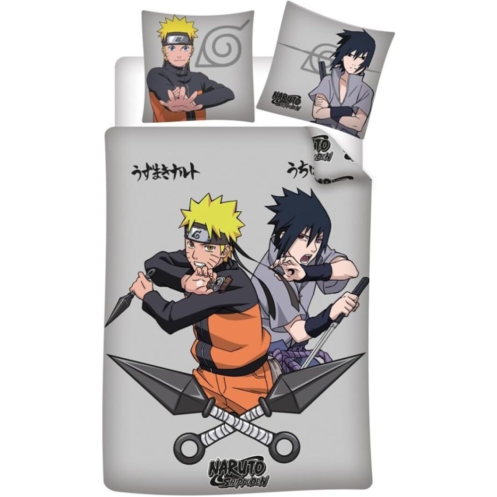 Parure de Lit Naruto Shippuden 140x200 + Taie 65x65 100% Coton Naruto Sasuke Réversible Aymax