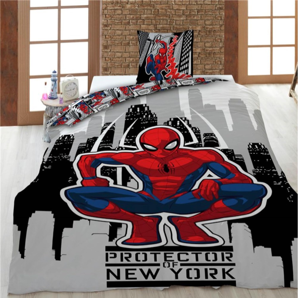 Parure de Lit Spider-Man Marvel 140x200 + Taie 65x65 Polycoton Réversible Licence Officielle Aymax