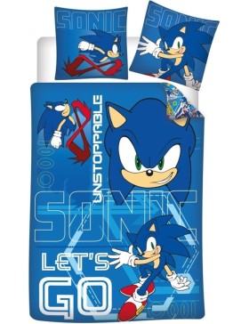 Parure de Lit Sonic Unstoppable 140x200 + Taie 65x65 Polycoton Réversible Licence Officielle SEGA Aymax