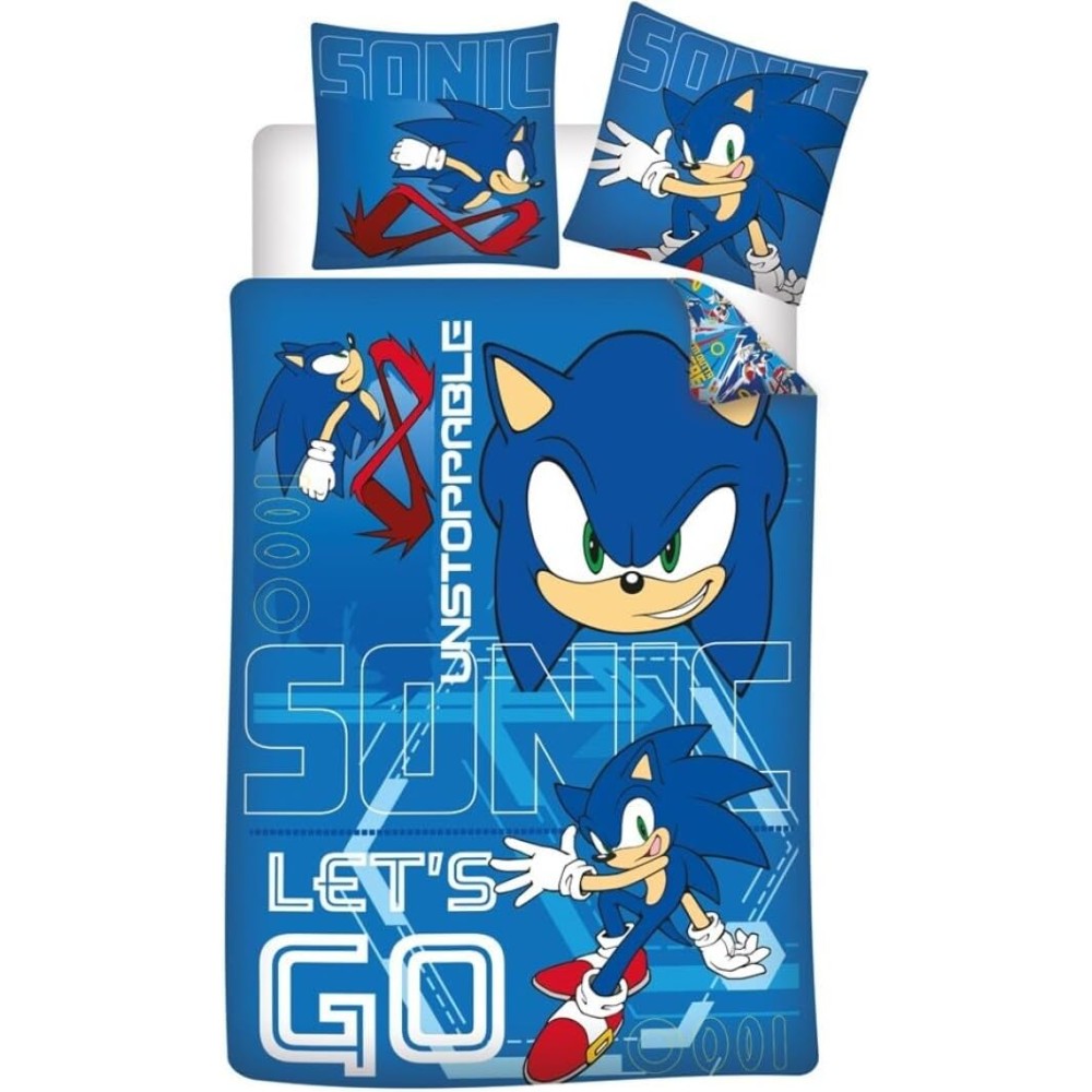 Parure de Lit Sonic Unstoppable 140x200 + Taie 65x65 Polycoton Réversible Licence Officielle SEGA Aymax