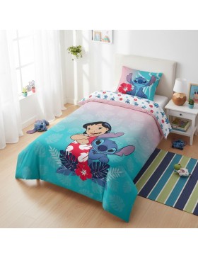 Parure de Lit Lilo & Stitch Disney 140x200 + Taie 65x65 Polycoton Réversible Licence Officielle Aymax