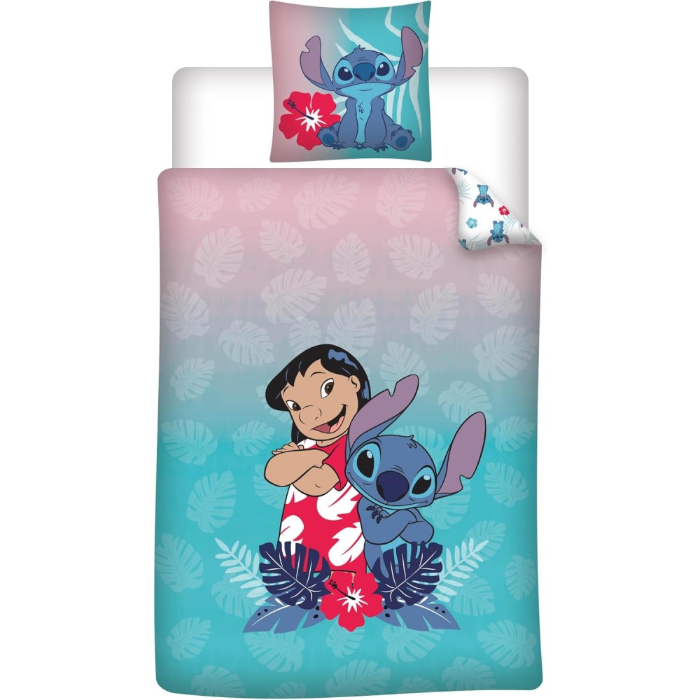 Parure de Lit Lilo & Stitch Disney 140x200 + Taie 65x65 Polycoton Réversible Licence Officielle Aymax