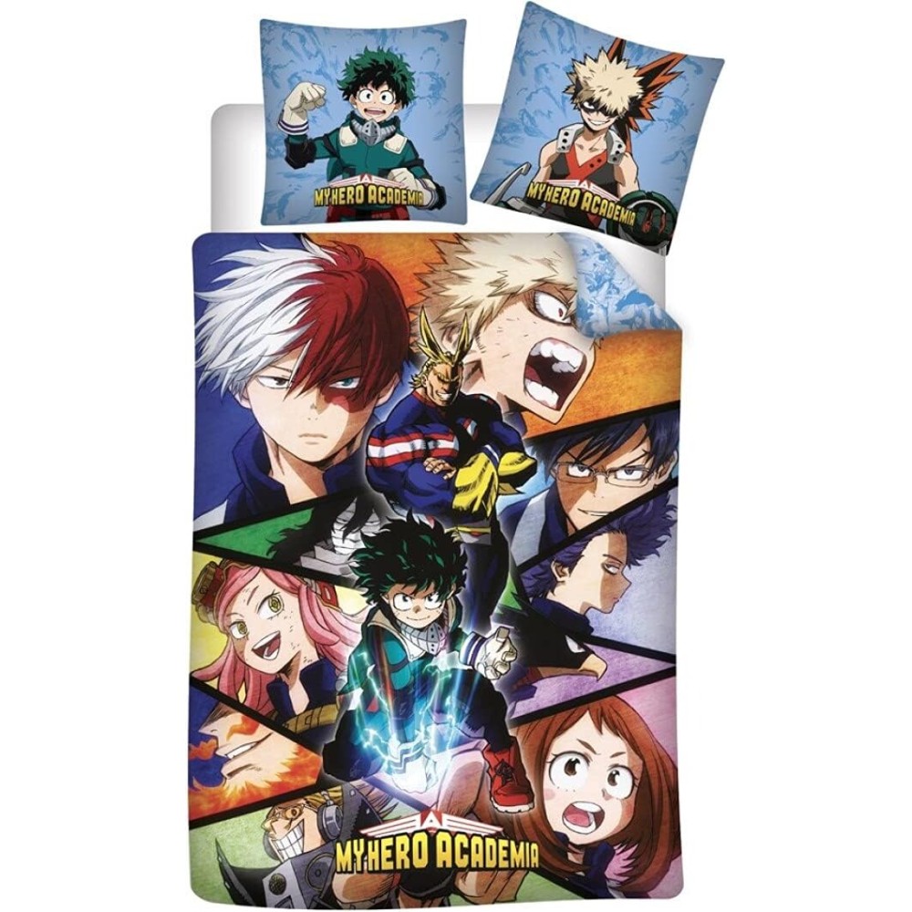 Parure de Lit My Hero Academia 140x200 + Taie 63x63 Réversible Licence Officielle Aymax