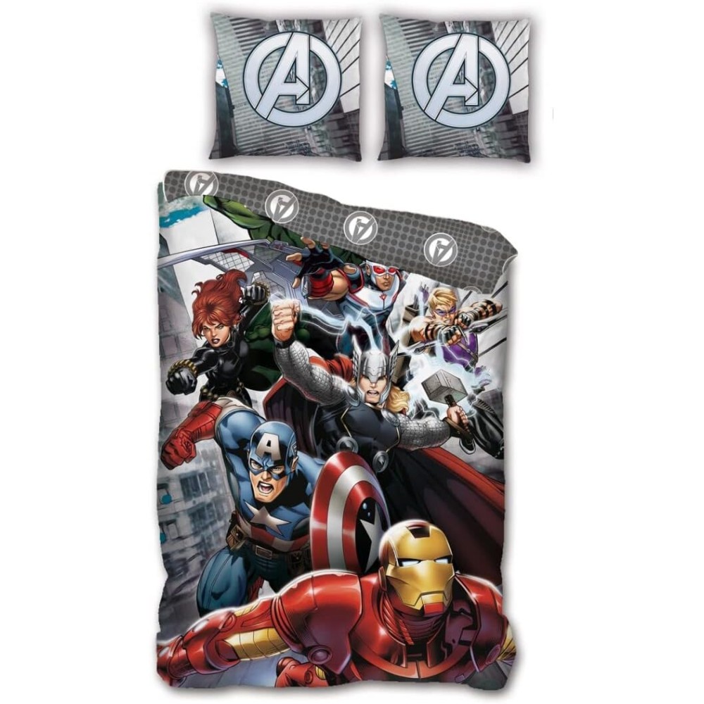 Parure de Lit Avengers Marvel 140x200 + 2 Taies 63x63 Réversible Licence Officielle Aymax