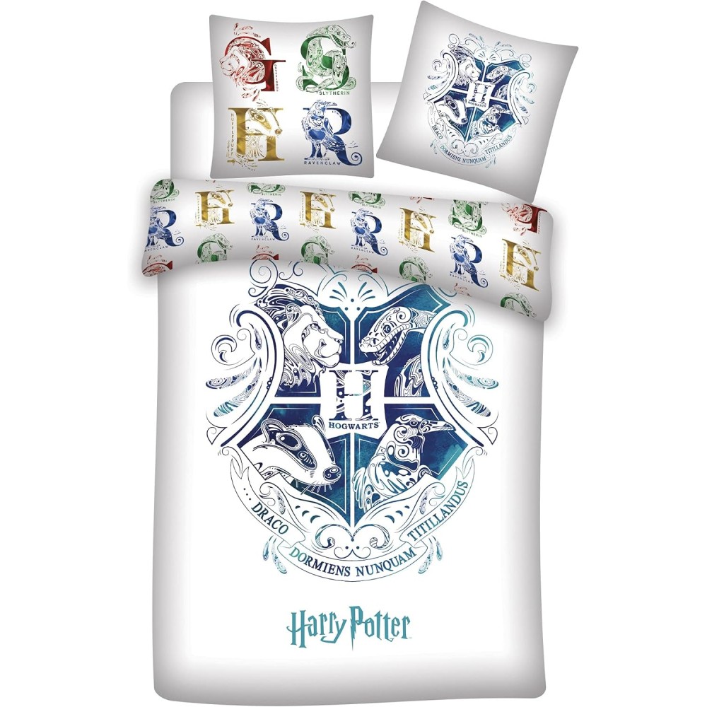 Parure de Lit Harry Potter Hogwarts 140x200 + Taie 63x63 Réversible Licence Officielle