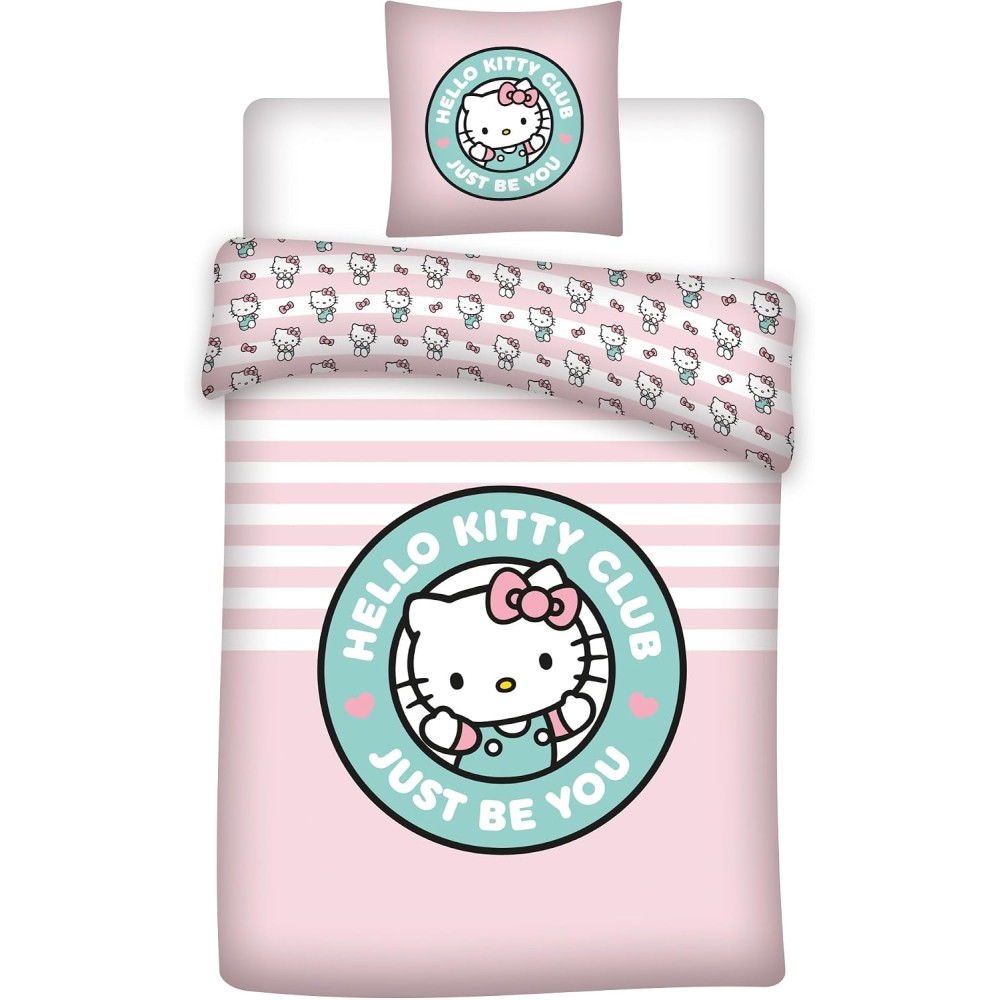 Parure de Lit Bébé Hello Kitty 100x140 + Taie 40x60 100% Coton Réversible Licence Officielle Sanrio