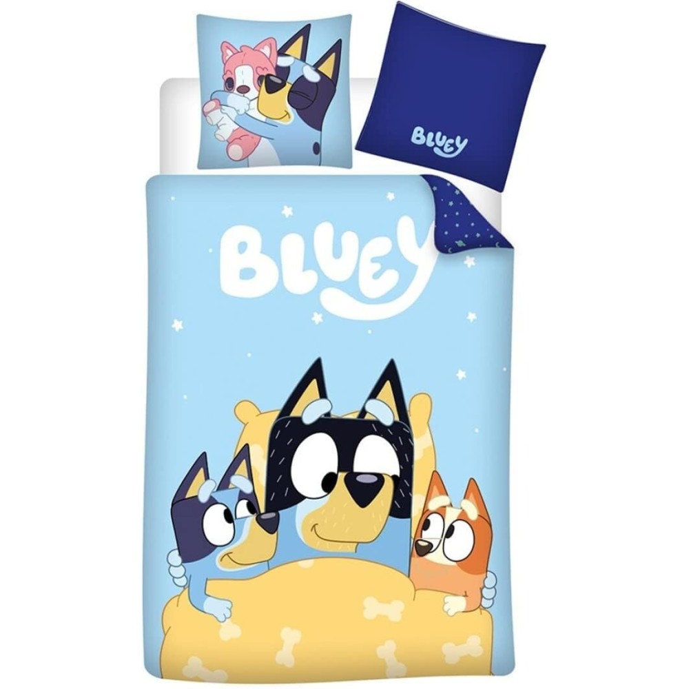 Parure de Lit Bluey 140x200 + Taie 65x65 100% Coton Réversible Licence Officielle