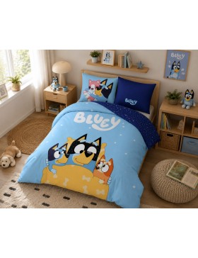 Parure de Lit Bluey 140x200 + Taie 65x65 100% Coton Réversible Licence Officielle