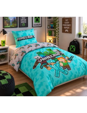 Parure de Lit Minecraft 140x200 cm – 100% Coton – Réversible avec Taie 63x63 cm