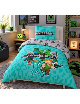 Juego de ropa de cama Minecraft 140x200 cm – 100% algodón – Reversible con funda de almohada de 63x63 cm
