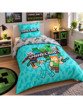 Juego de ropa de cama Minecraft 140x200 cm – 100% algodón – Reversible con funda de almohada de 63x63 cm