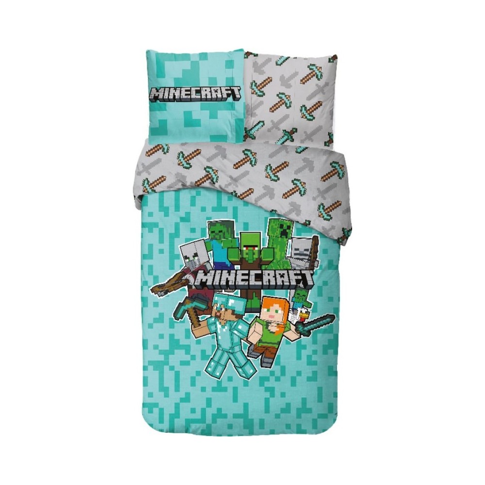 Juego de ropa de cama Minecraft 140x200 cm – 100% algodón – Reversible con funda de almohada de 63x63 cm