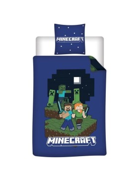 Parure de lit Minecraft réversible 140 × 200 cm – Housse de couette + taie 65 × 65 cm – Polycoton - Steve, Alex et Creepers