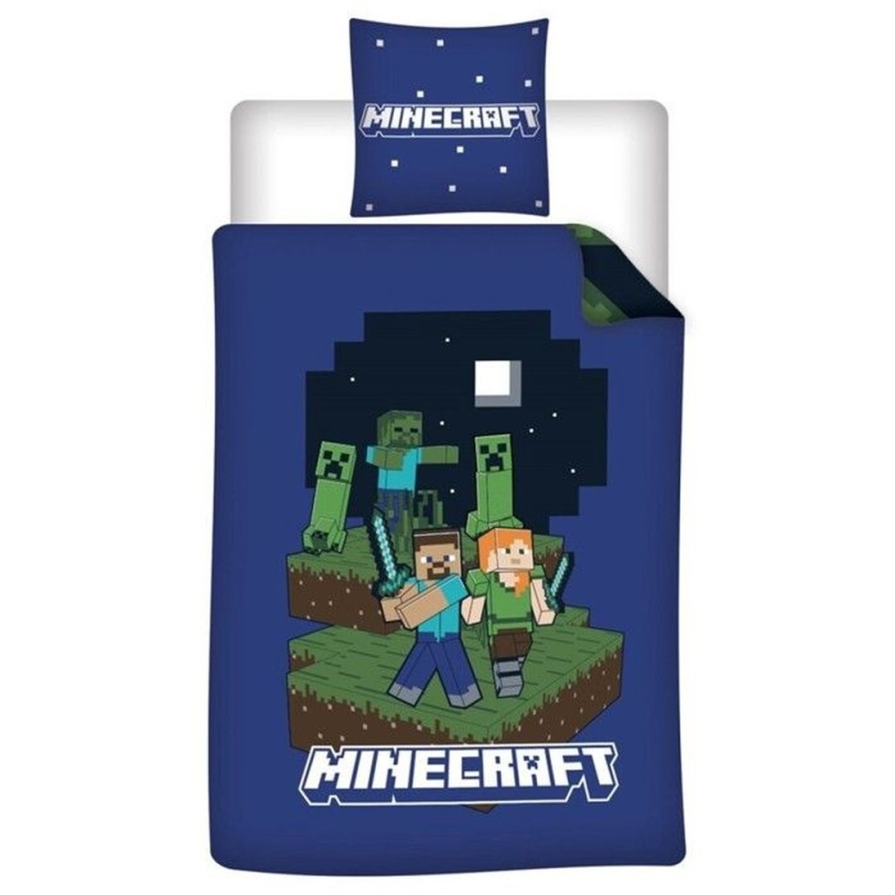 Parure de lit Minecraft réversible 140 × 200 cm – Housse de couette + taie 65 × 65 cm – Polycoton - Steve, Alex et Creepers