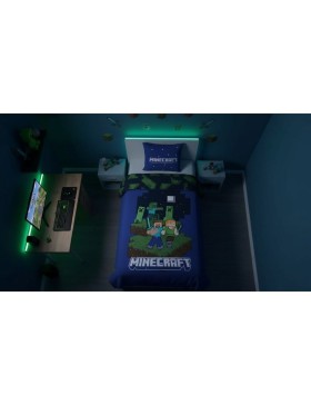 Parure de lit Minecraft réversible 140 × 200 cm – Housse de couette + taie 65 × 65 cm – Polycoton - Steve, Alex et Creepers