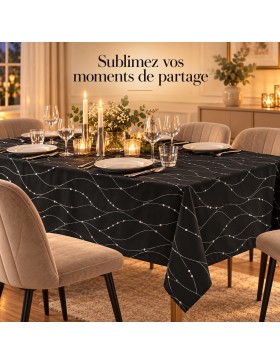 Douceur d'Intérieur, Nappe de Fête Rectangle Firmament Noir/Argent, Microfibre Imprimée