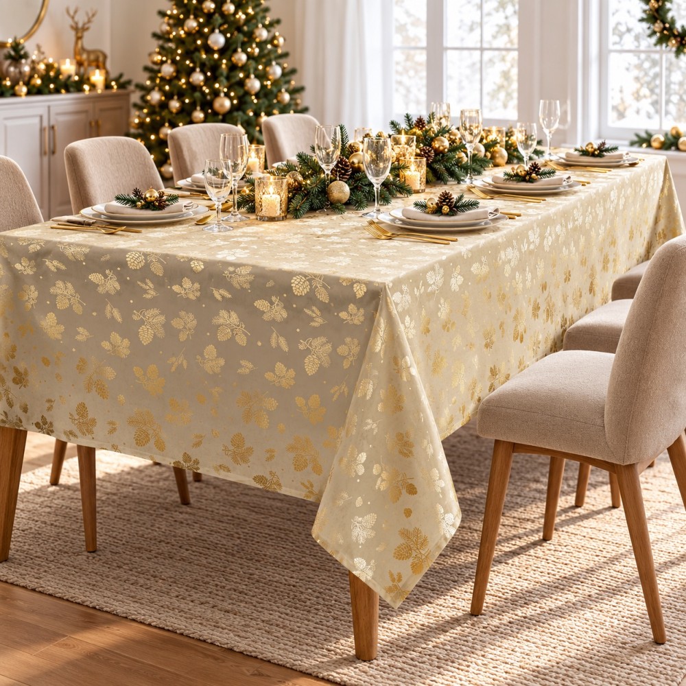 Nappe de Noël rectangulaire beige et dorée Pomdepin – Douceur d’Intérieur