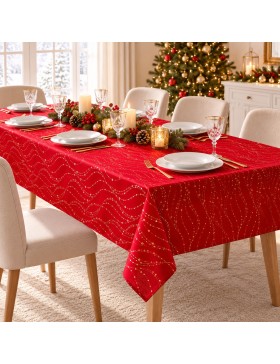 Douceur d’Intérieur – Nappe de Noël – Lumia – Rouge à Motifs Dorés – Antitache et Infroissable