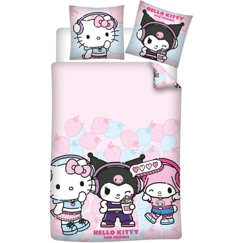 Hello Kitty Kuromi Housse de Couette 140x200 + Taie 65x65 Rose Polycoton