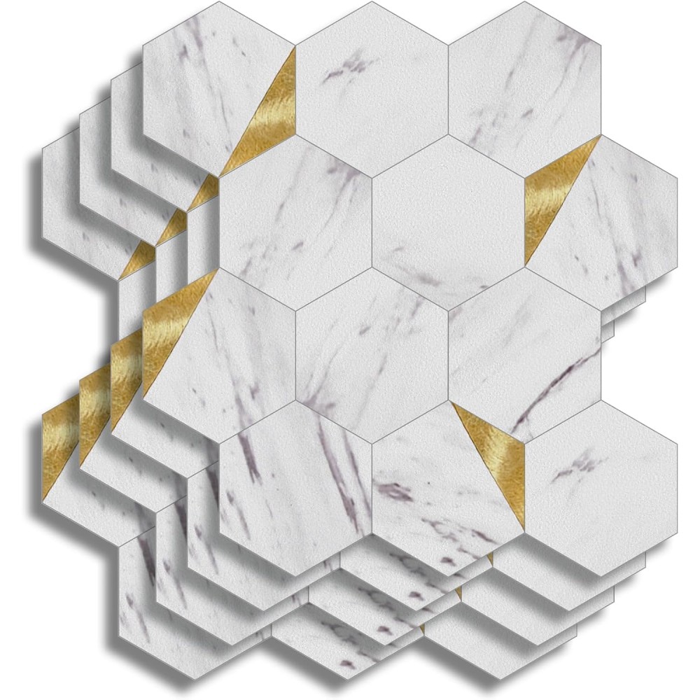 Crédence adhésive 3D Hexa effet marbre et or – 4 panneaux 25 x 23,2 cm – douceur d’intérieur