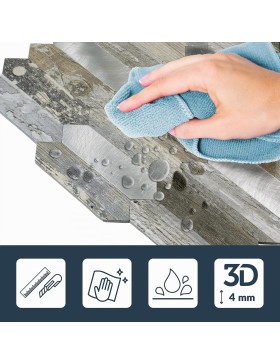 Crédence adhésive 3D Geos effet bois et chrome – 4 panneaux 25 x 25 cm – douceur d’intérieur