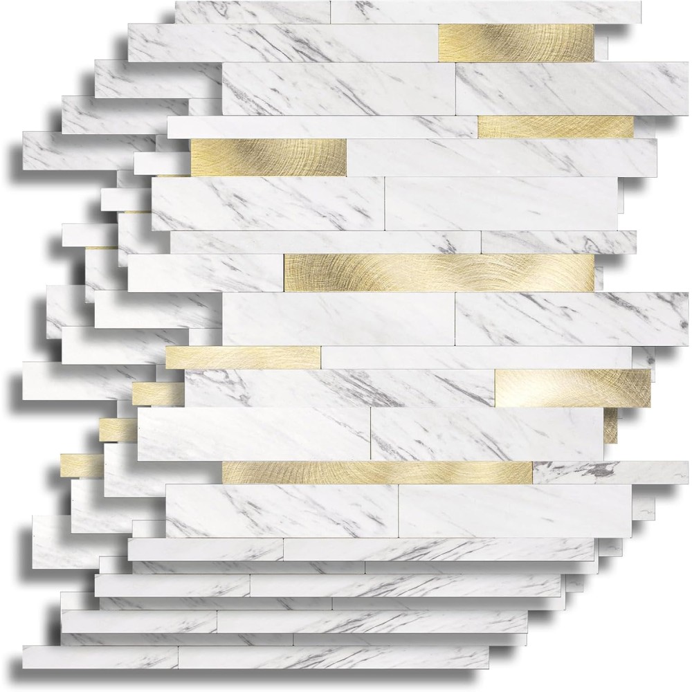 Crédence adhésive 3D Lamelles effet marbre et or – 4 panneaux 25 x 25 cm – douceur d’intérieur