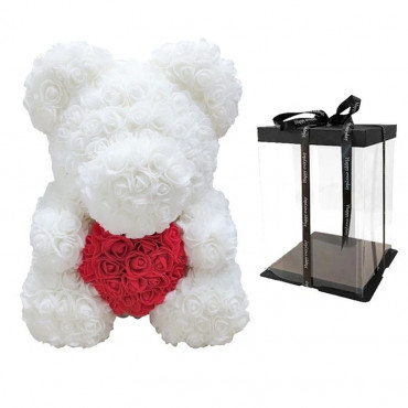 Oso rosa con corazón en su caja – Alto 35 cm