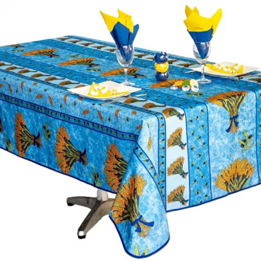 Nappe Provençale Rectangle Anti-Tâches, Bouquet de Blé Bleu